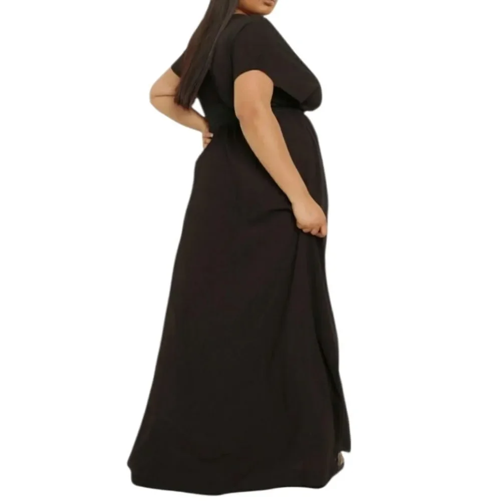 Boohoo Black Maxi Swim Dress – Plunge Neck, Size 18